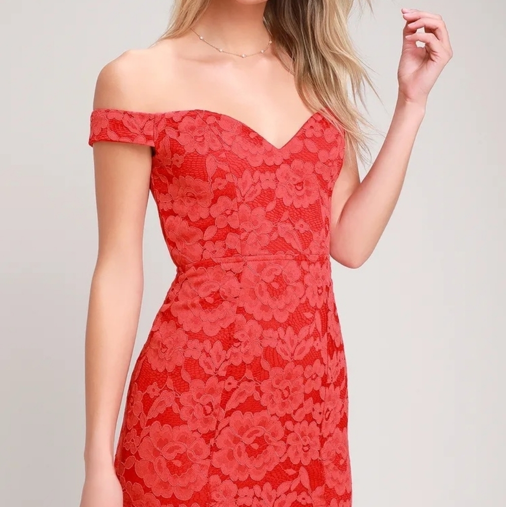 Swept Up Red Lace Off-the-Shoulder Maxi Dress